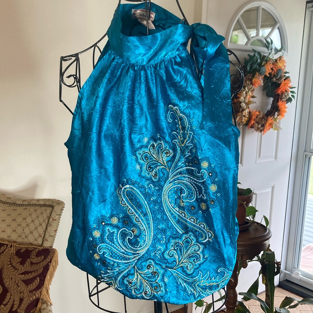 Soulmates Blue Asymmetrical Sleeveless Blouse with Embellishments